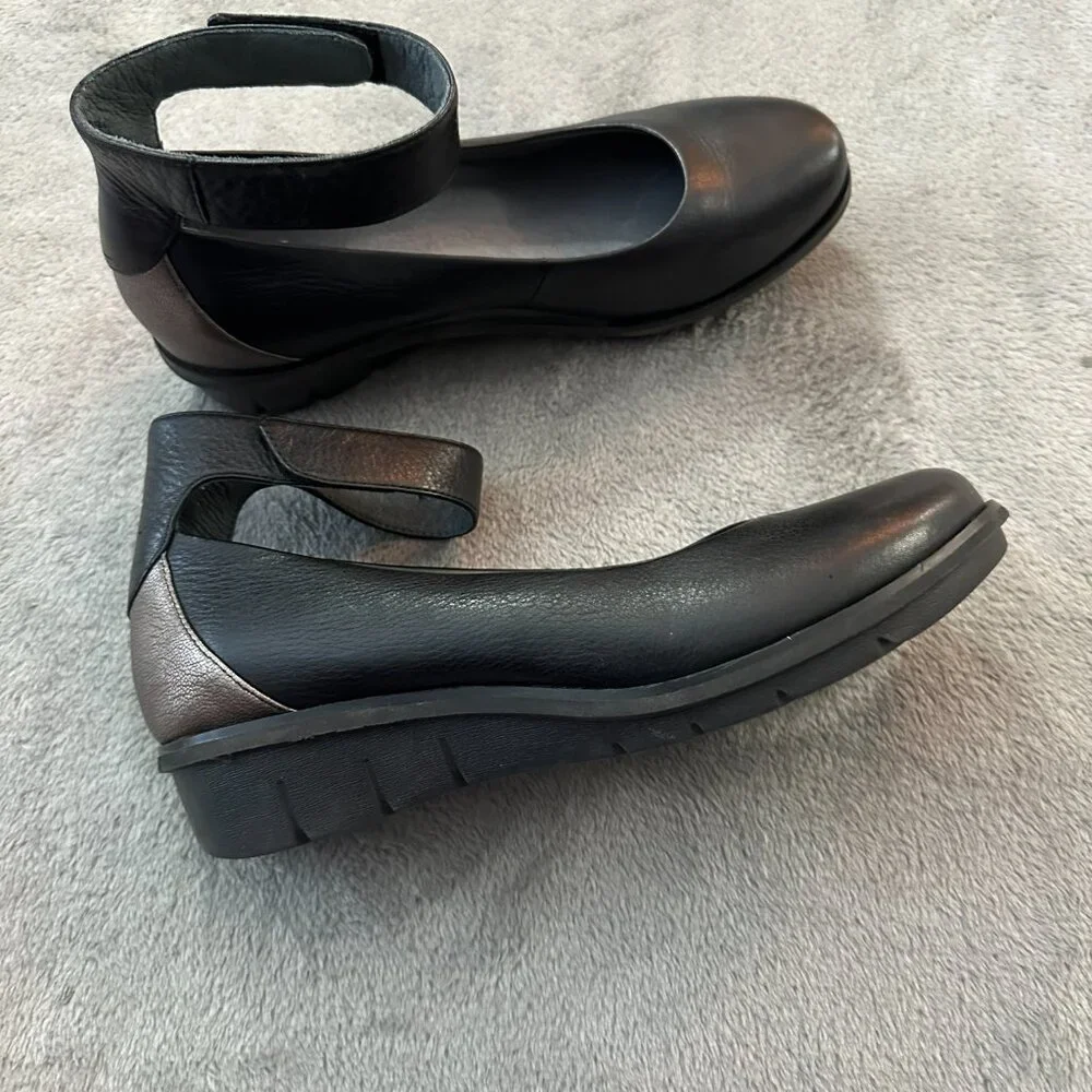 Dansko Jenna Ankle Strap Shoes 40 US 9.5 10 Black Leather Wedge - Picture 5 of 7